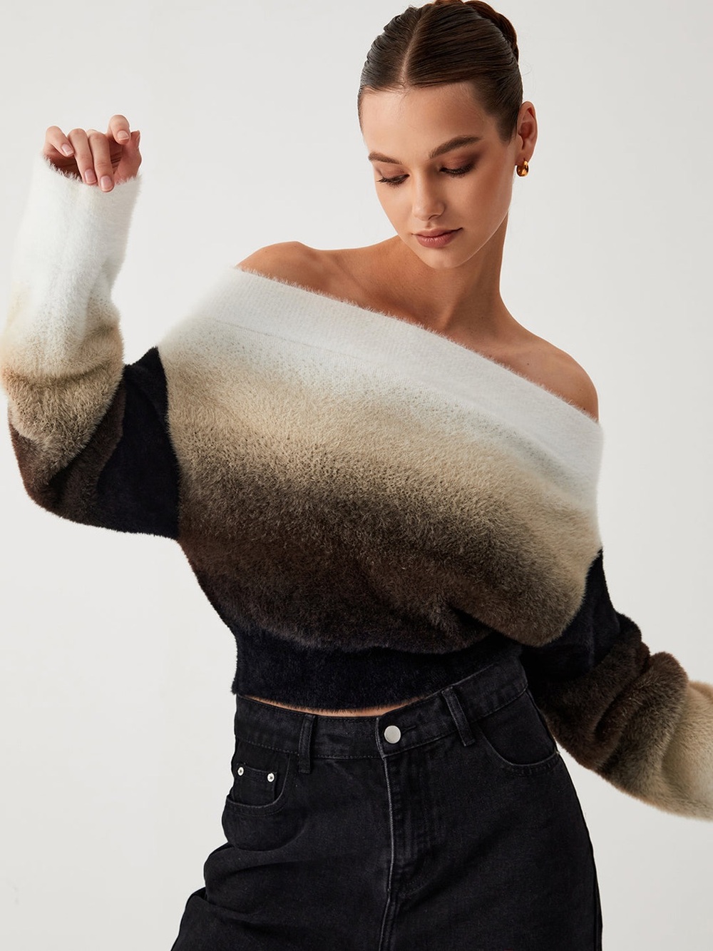 Commense Dawn Ombre Fuzzy Off Shoulder Crop Sweater size medium ❣️